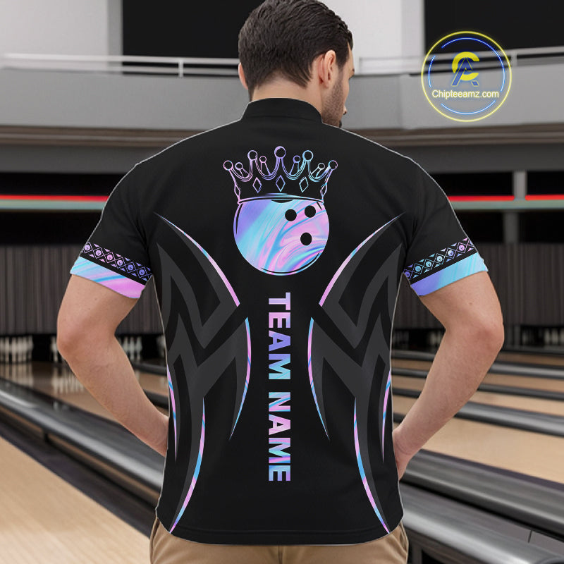 Custom Holographic Crown Bowling Ball Polo & Quarter Zip Shirt For Men, Bowling Team Jersey |Black TDM6196