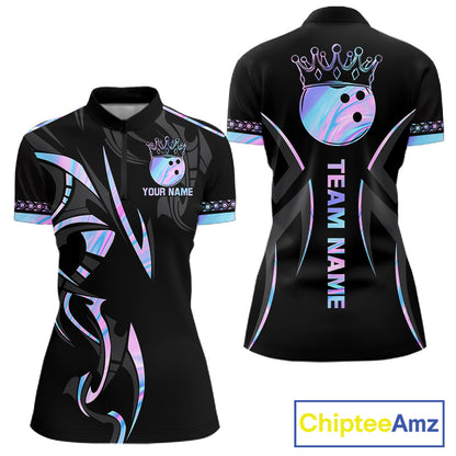 Custom Holographic Crown Bowling Ball Polo & Quarter Zip Shirt For Women, Bowling Team Jersey |Black TDM6196