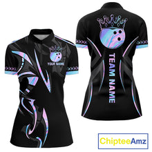 Load image into Gallery viewer, Custom Holographic Crown Bowling Ball Polo &amp; Quarter Zip Shirt For Women, Bowling Team Jersey |Black TDM6196