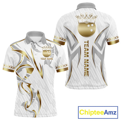Custom Gold Bowling Ball Crown Bowling Shirt For Men, Bowling Team Jersey Polo & 1/4 Zip |White TDM6197