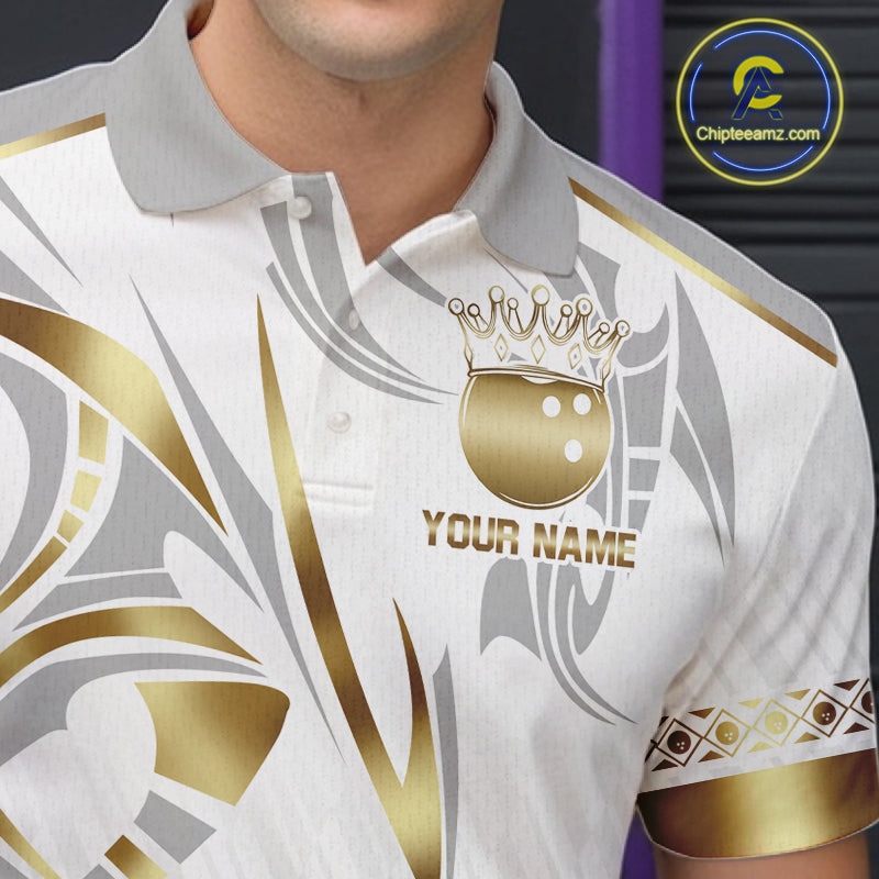 Custom Gold Bowling Ball Crown Bowling Shirt For Men, Bowling Team Jersey Polo & 1/4 Zip |White TDM6197