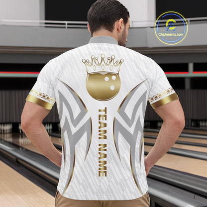 Custom Gold Bowling Ball Crown Bowling Shirt For Men, Bowling Team Jersey Polo & 1/4 Zip |White TDM6197