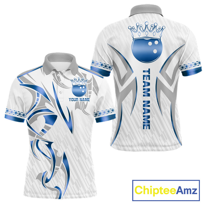 Custom Blue Bowling Ball Crown Bowling Shirt For Men, Bowling Team Jersey Polo & 1/4 Zip |White TDM6198