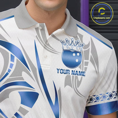 Custom Blue Bowling Ball Crown Bowling Shirt For Men, Bowling Team Jersey Polo & 1/4 Zip |White TDM6198