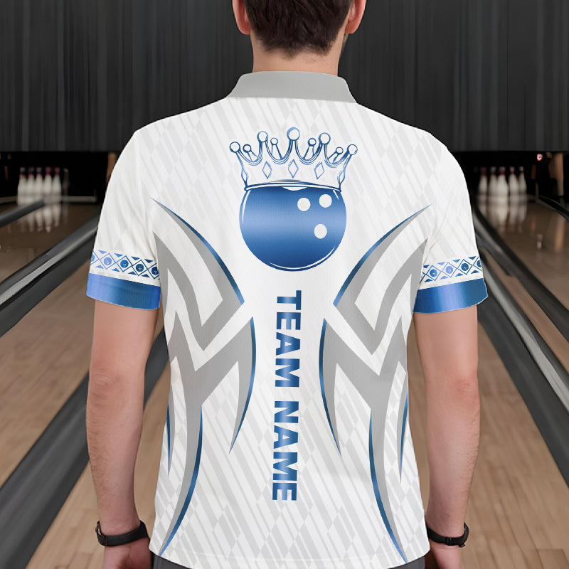 Custom Blue Bowling Ball Crown Bowling Shirt For Men, Bowling Team Jersey Polo & 1/4 Zip |White TDM6198