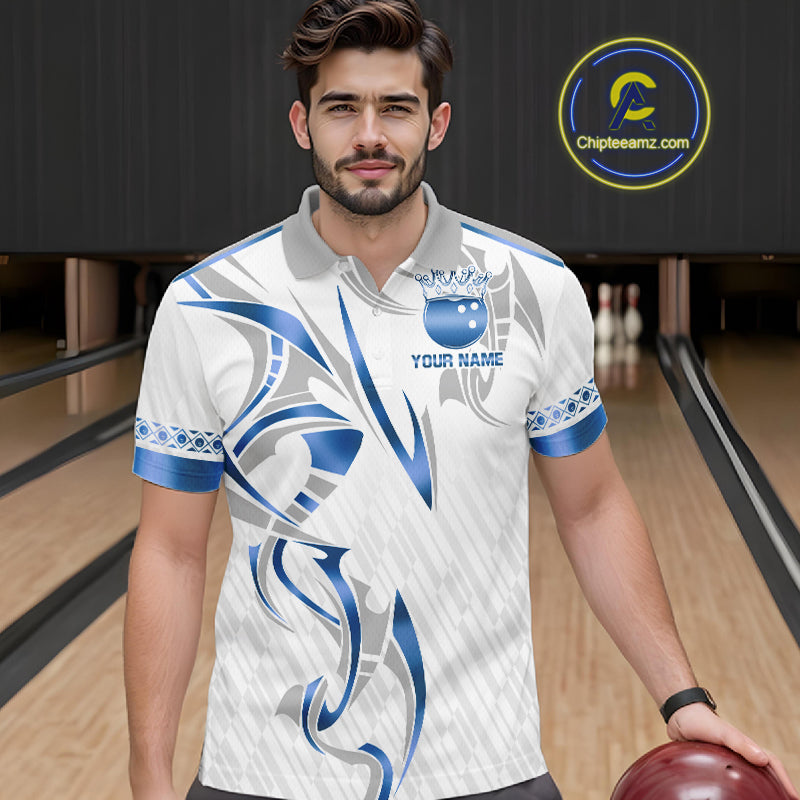 Custom Blue Bowling Ball Crown Bowling Shirt For Men, Bowling Team Jersey Polo & 1/4 Zip |White TDM6198
