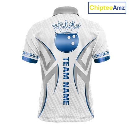 Custom Blue Bowling Ball Crown Bowling Shirt For Men, Bowling Team Jersey Polo & 1/4 Zip |White TDM6198