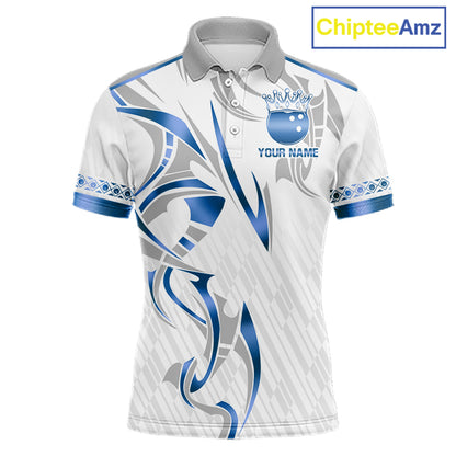 Custom Blue Bowling Ball Crown Bowling Shirt For Men, Bowling Team Jersey Polo & 1/4 Zip |White TDM6198