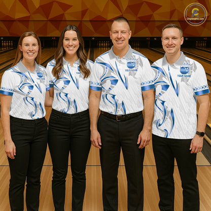 Custom Blue Bowling Ball Crown Bowling Shirt For Men, Bowling Team Jersey Polo & 1/4 Zip |White TDM6198