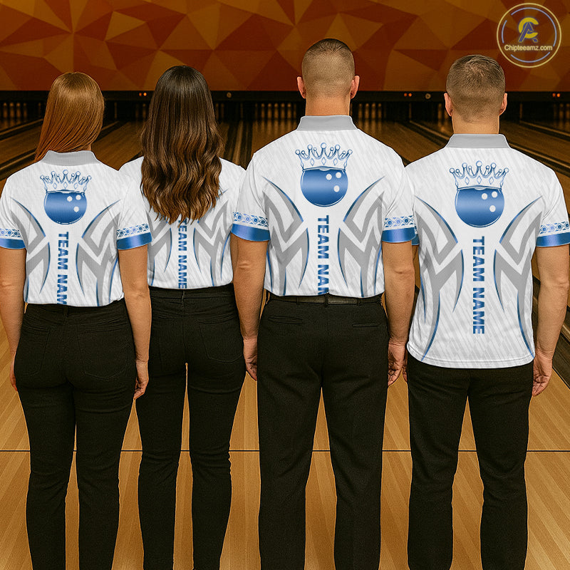 Custom Blue Bowling Ball Crown Bowling Shirt For Men, Bowling Team Jersey Polo & 1/4 Zip |White TDM6198