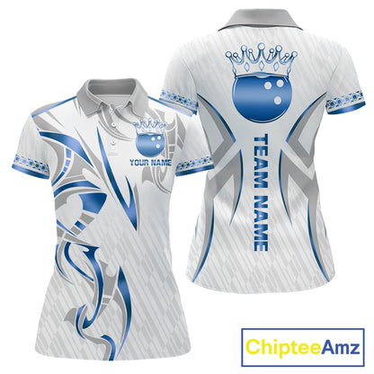 Custom Blue Bowling Ball Crown Bowling Shirt For Women, Bowling Team Jersey Polo & 1/4 Zip |White TDM6198