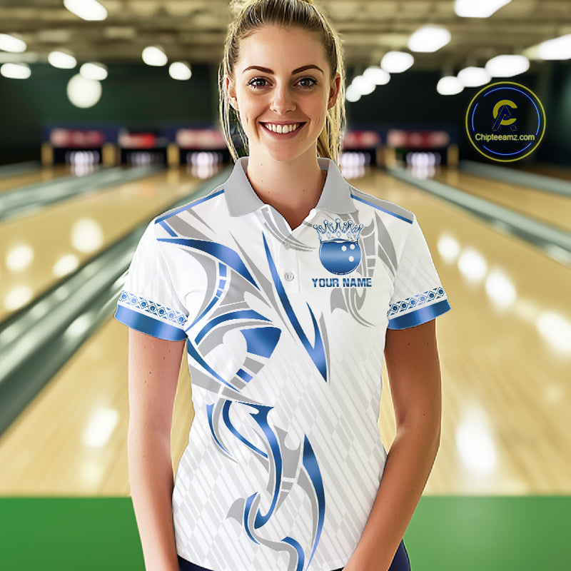Custom Blue Bowling Ball Crown Bowling Shirt For Women, Bowling Team Jersey Polo & 1/4 Zip |White TDM6198