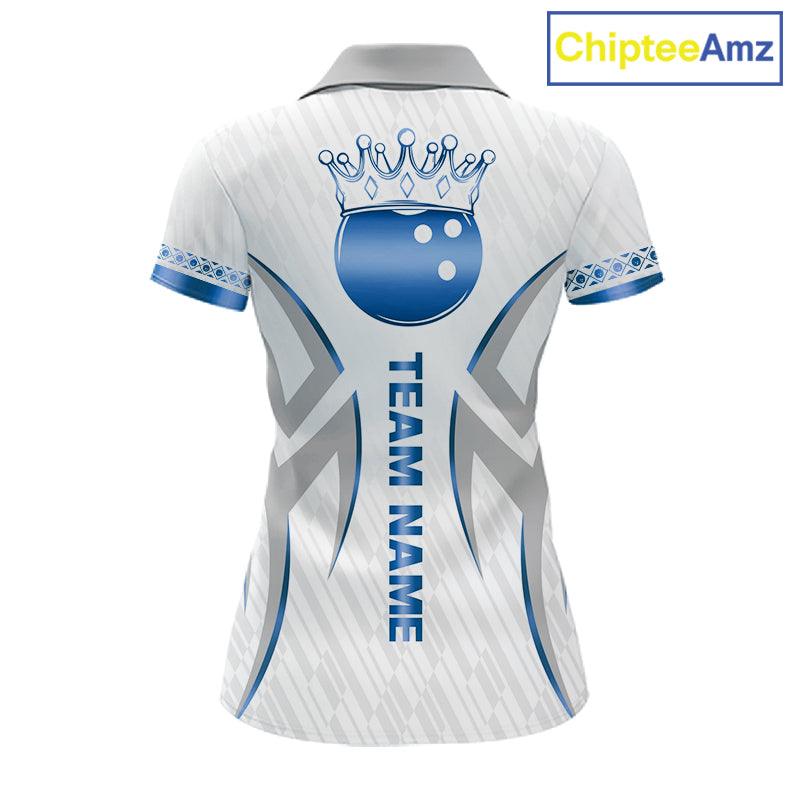 Custom Blue Bowling Ball Crown Bowling Shirt For Women, Bowling Team Jersey Polo & 1/4 Zip |White TDM6198