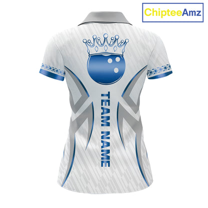 Custom Blue Bowling Ball Crown Bowling Shirt For Women, Bowling Team Jersey Polo & 1/4 Zip |White TDM6198