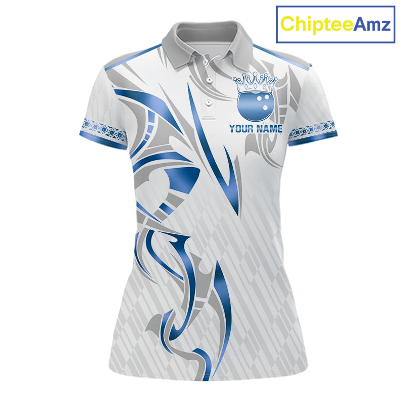 Custom Blue Bowling Ball Crown Bowling Shirt For Women, Bowling Team Jersey Polo & 1/4 Zip |White TDM6198