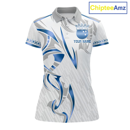 Custom Blue Bowling Ball Crown Bowling Shirt For Women, Bowling Team Jersey Polo & 1/4 Zip |White TDM6198