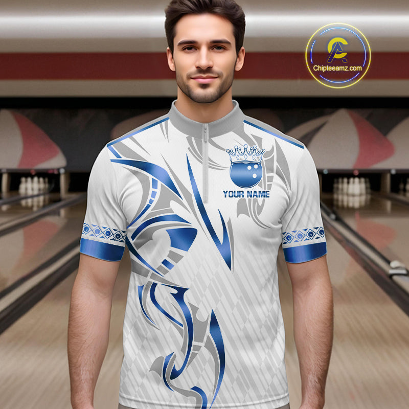 Custom Blue Bowling Ball Crown Bowling Shirt For Men, Bowling Team Jersey Polo & 1/4 Zip |White TDM6198