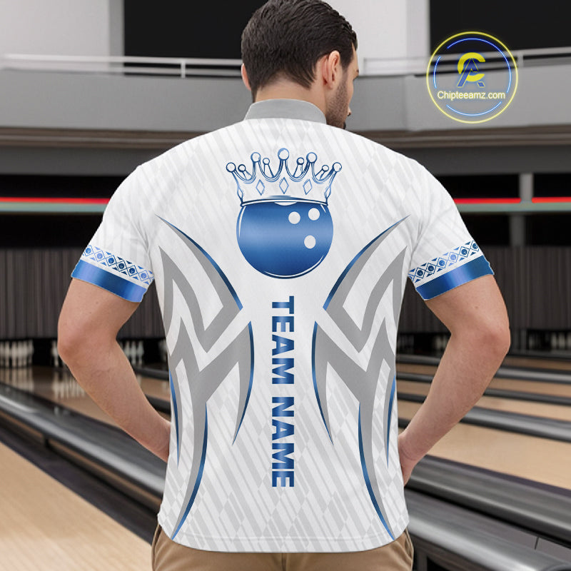 Custom Blue Bowling Ball Crown Bowling Shirt For Men, Bowling Team Jersey Polo & 1/4 Zip |White TDM6198