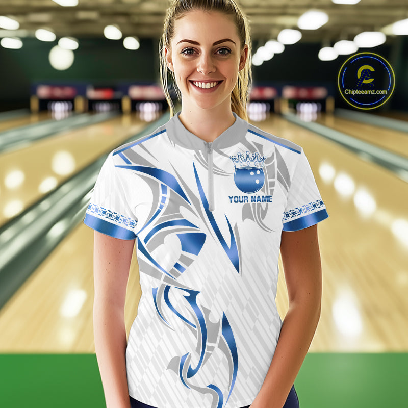 Custom Blue Bowling Ball Crown Bowling Shirt For Women, Bowling Team Jersey Polo & 1/4 Zip |White TDM6198