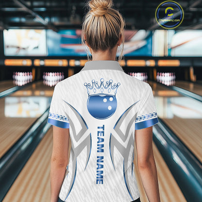 Custom Blue Bowling Ball Crown Bowling Shirt For Women, Bowling Team Jersey Polo & 1/4 Zip |White TDM6198