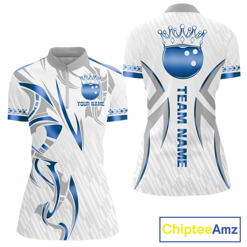 Custom Blue Bowling Ball Crown Bowling Shirt For Women, Bowling Team Jersey Polo & 1/4 Zip |White TDM6198