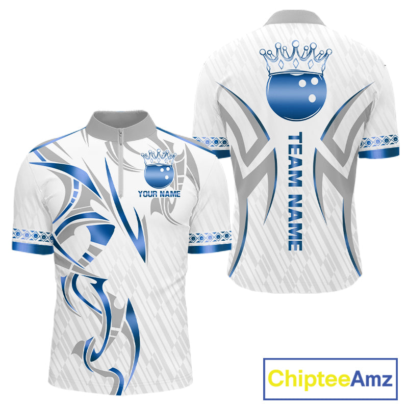 Custom Blue Bowling Ball Crown Bowling Shirt For Men, Bowling Team Jersey Polo & 1/4 Zip |White TDM6198
