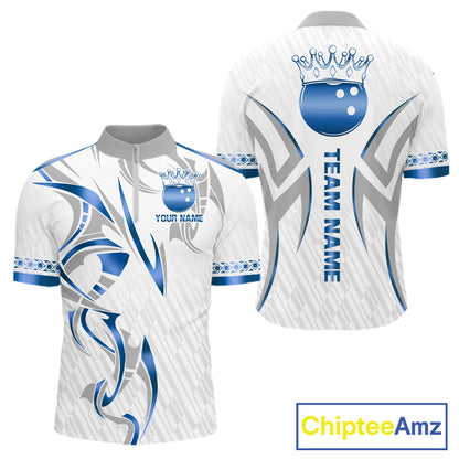 Custom Blue Bowling Ball Crown Bowling Shirt For Men, Bowling Team Jersey Polo & 1/4 Zip |White TDM6198