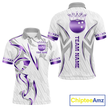 Custom Purple Bowling Ball Crown Bowling Shirt For Men, Bowling Team Jersey Polo & 1/4 Zip |White TDM6199