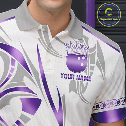 Custom Purple Bowling Ball Crown Bowling Shirt For Men, Bowling Team Jersey Polo & 1/4 Zip |White TDM6199