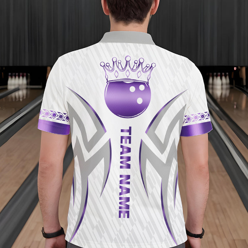 Custom Purple Bowling Ball Crown Bowling Shirt For Men, Bowling Team Jersey Polo & 1/4 Zip |White TDM6199