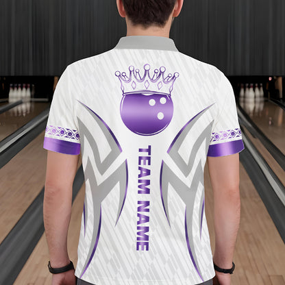 Custom Purple Bowling Ball Crown Bowling Shirt For Men, Bowling Team Jersey Polo & 1/4 Zip |White TDM6199