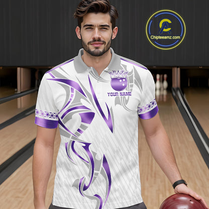 Custom Purple Bowling Ball Crown Bowling Shirt For Men, Bowling Team Jersey Polo & 1/4 Zip |White TDM6199