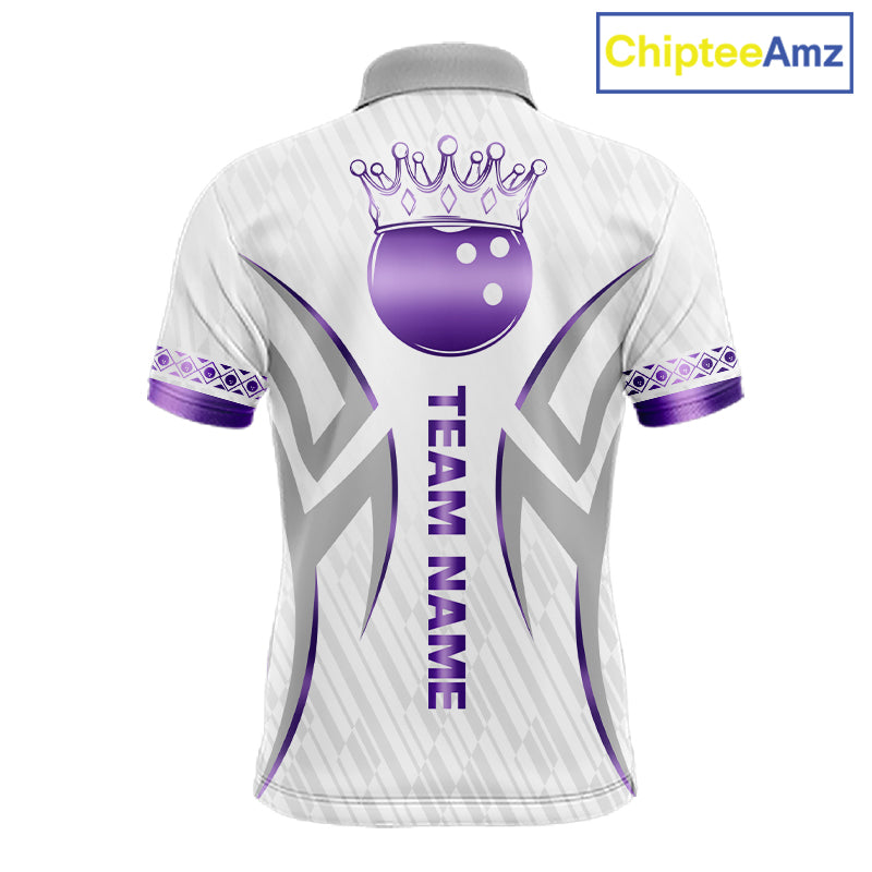 Custom Purple Bowling Ball Crown Bowling Shirt For Men, Bowling Team Jersey Polo & 1/4 Zip |White TDM6199