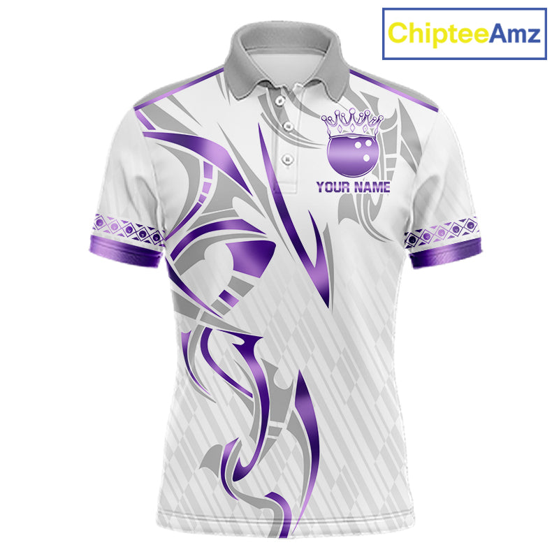 Custom Purple Bowling Ball Crown Bowling Shirt For Men, Bowling Team Jersey Polo & 1/4 Zip |White TDM6199