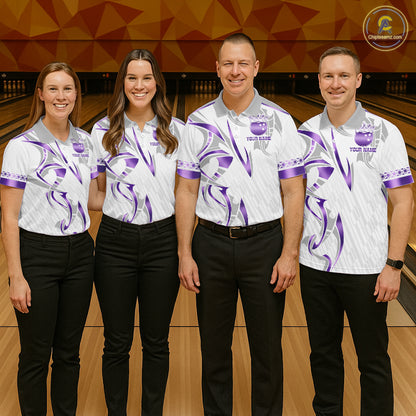 Custom Purple Bowling Ball Crown Bowling Shirt For Men, Bowling Team Jersey Polo & 1/4 Zip |White TDM6199