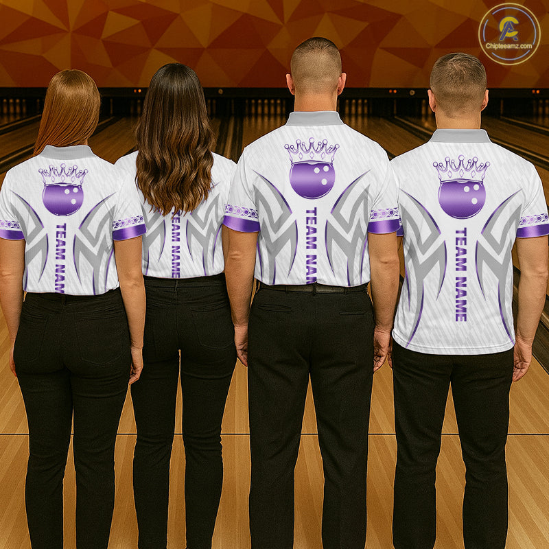 Custom Purple Bowling Ball Crown Bowling Shirt For Men, Bowling Team Jersey Polo & 1/4 Zip |White TDM6199