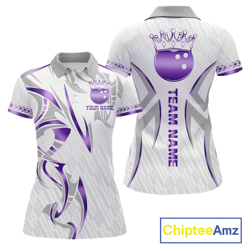 Custom Purple Bowling Ball Crown Bowling Shirt For Women, Bowling Team Jersey Polo & 1/4 Zip |White TDM6199