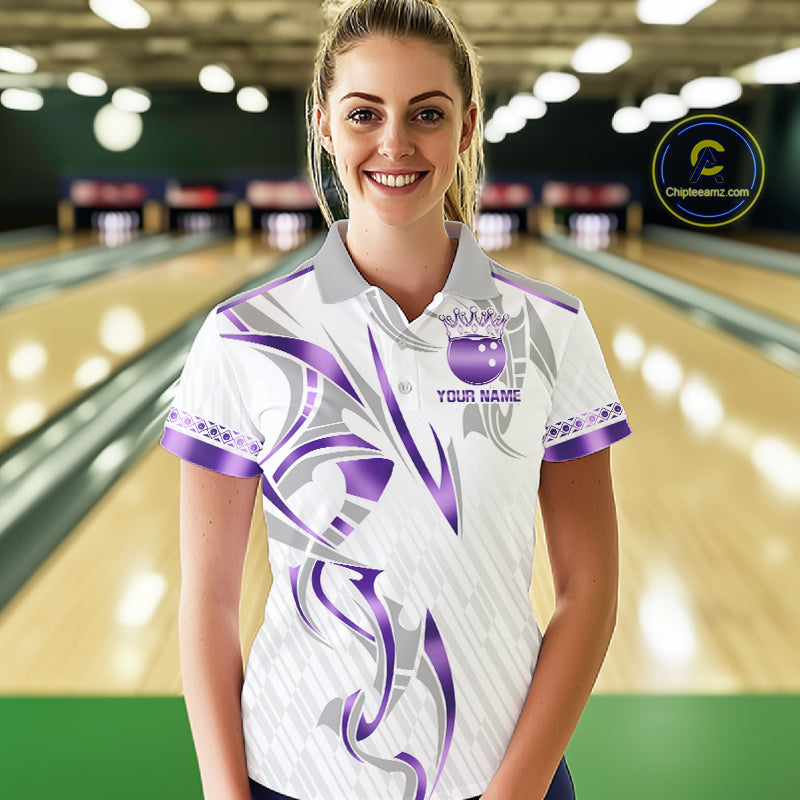 Custom Purple Bowling Ball Crown Bowling Shirt For Women, Bowling Team Jersey Polo & 1/4 Zip |White TDM6199