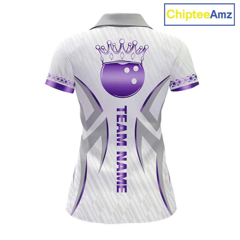 Custom Purple Bowling Ball Crown Bowling Shirt For Women, Bowling Team Jersey Polo & 1/4 Zip |White TDM6199
