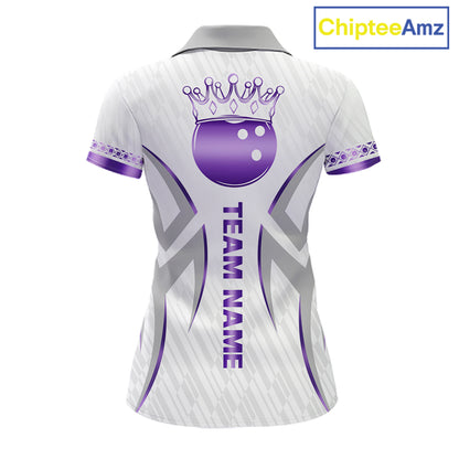 Custom Purple Bowling Ball Crown Bowling Shirt For Women, Bowling Team Jersey Polo & 1/4 Zip |White TDM6199