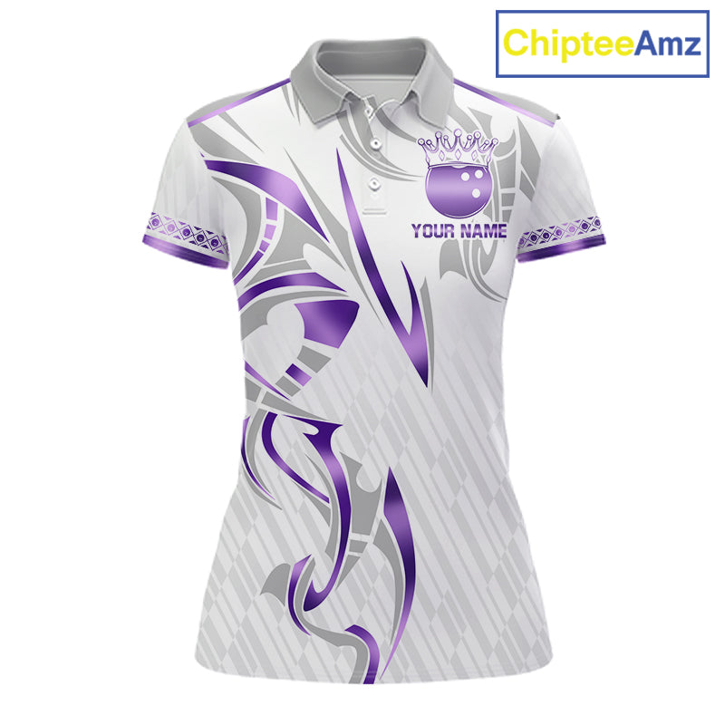 Custom Purple Bowling Ball Crown Bowling Shirt For Women, Bowling Team Jersey Polo & 1/4 Zip |White TDM6199