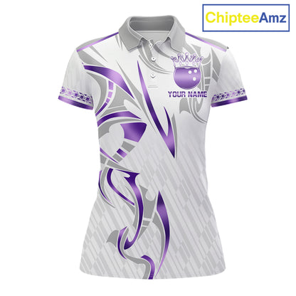 Custom Purple Bowling Ball Crown Bowling Shirt For Women, Bowling Team Jersey Polo & 1/4 Zip |White TDM6199