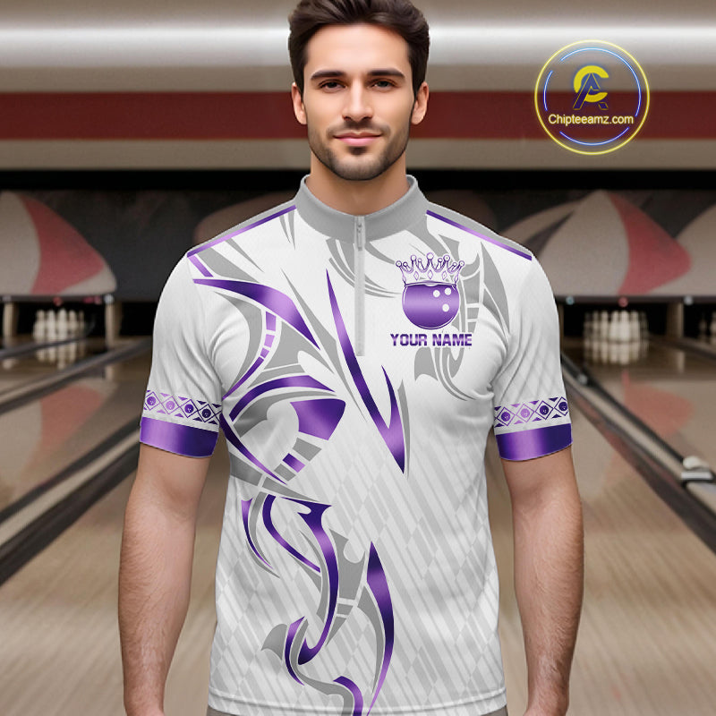 Custom Purple Bowling Ball Crown Bowling Shirt For Men, Bowling Team Jersey Polo & 1/4 Zip |White TDM6199