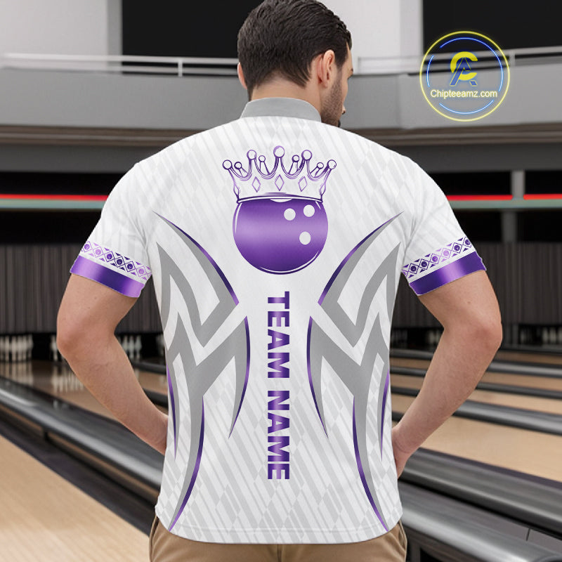 Custom Purple Bowling Ball Crown Bowling Shirt For Men, Bowling Team Jersey Polo & 1/4 Zip |White TDM6199