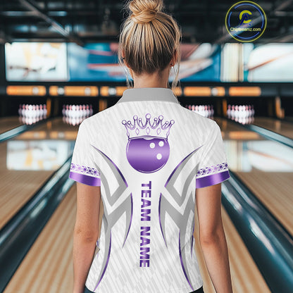 Custom Purple Bowling Ball Crown Bowling Shirt For Women, Bowling Team Jersey Polo & 1/4 Zip |White TDM6199