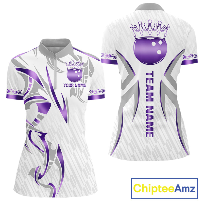 Custom Purple Bowling Ball Crown Bowling Shirt For Women, Bowling Team Jersey Polo & 1/4 Zip |White TDM6199