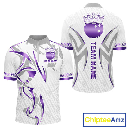 Custom Purple Bowling Ball Crown Bowling Shirt For Men, Bowling Team Jersey Polo & 1/4 Zip |White TDM6199