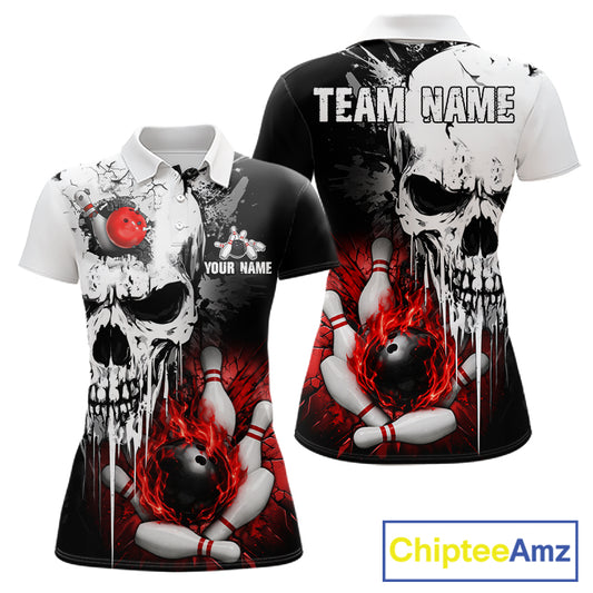 Personalized Red Grunge Skull Bowling Shirt For Women, Bowling League Team Jersey Polo & 1/4 Zip TDM6418