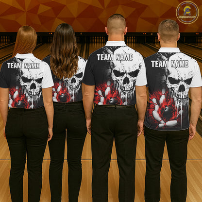 Personalized Red Grunge Skull Bowling Shirt For Women, Bowling League Team Jersey Polo & 1/4 Zip TDM6418