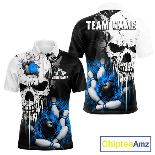 Personalized Blue Grunge Skull Bowling Shirt For Men, Bowling League Team Jersey Polo & 1/4 Zip TDM6419